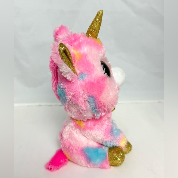 Ty Beanie Boo Pink Plush Unicorn Fluffy Fantasia Sparkly Gold Eyes Horn Feet NWT - Picture 6 of 11